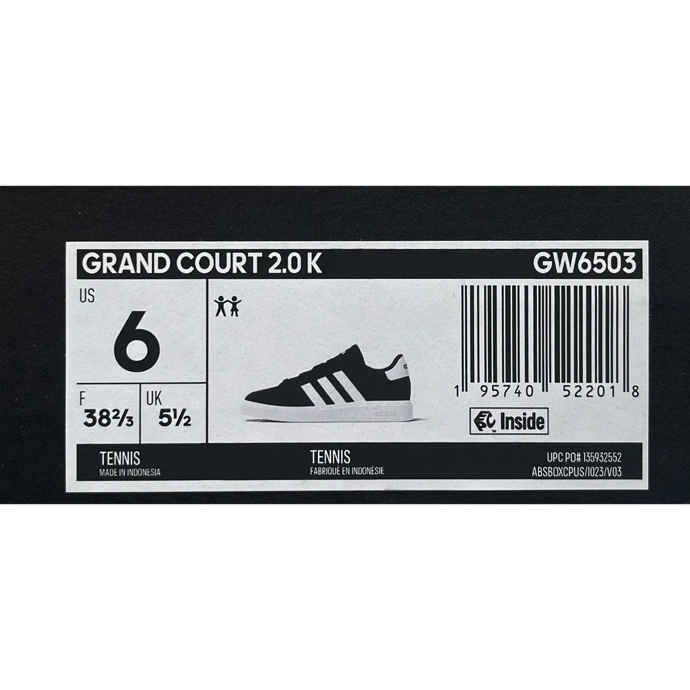 adidas Grand Court 2.0 Youth Boys Girls Sneaker Size 6 Black-White Low Top Shoes